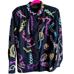 Alex Ku Colorful Black Geometric Embroidered Sequins Womens Jacket L Blazer